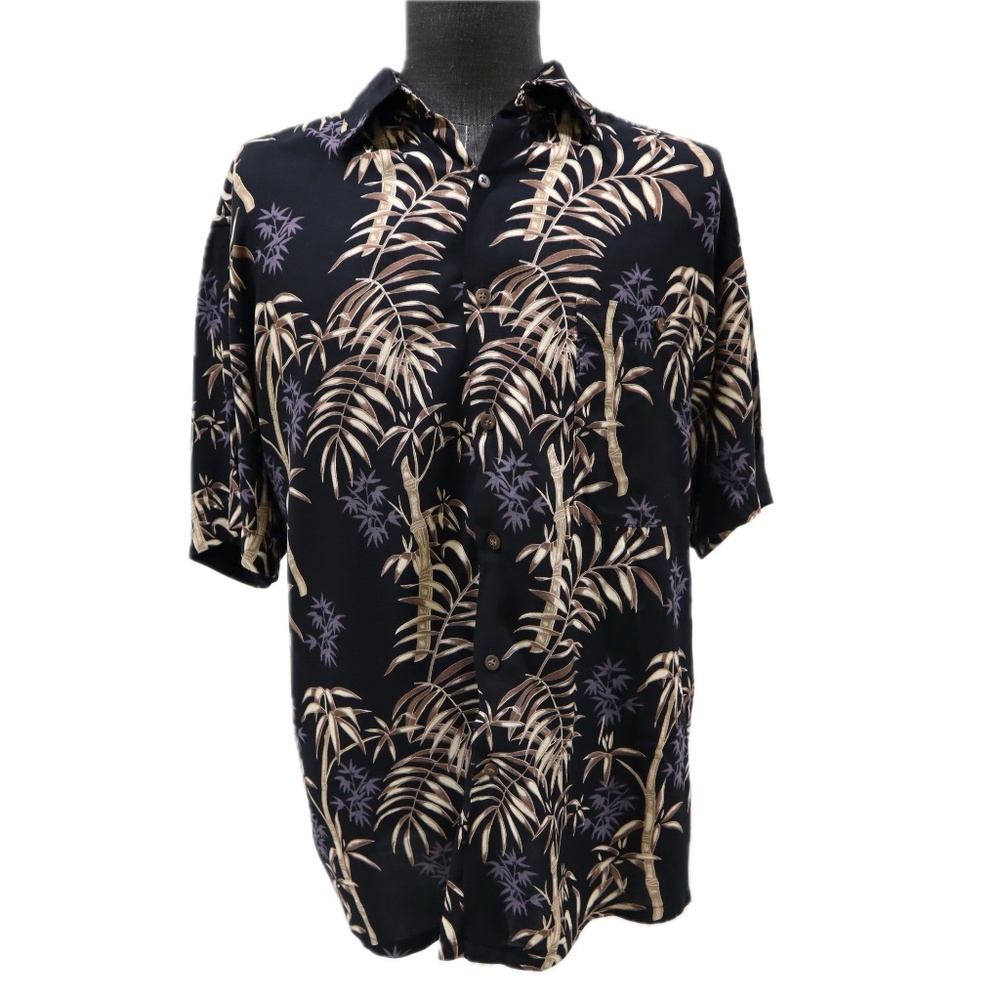 John Ashford Men's XL Hawaiian Shirt Short Sleeve Black Purple Beige Floral
